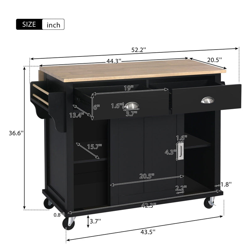 Kitchen Cart with Rubber wood Drop-Leaf Countertop, Concealed sliding barn door adjustable height,Kitchen Island on 4 Wheels with Storage Cabinet and 2 Drawers,L52.2xW30.5xH36.6 inch, Black - Supfirm