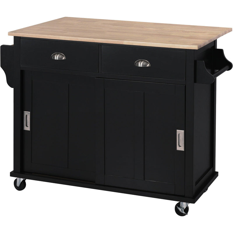 Kitchen Cart with Rubber wood Drop-Leaf Countertop, Concealed sliding barn door adjustable height,Kitchen Island on 4 Wheels with Storage Cabinet and 2 Drawers,L52.2xW30.5xH36.6 inch, Black - Supfirm