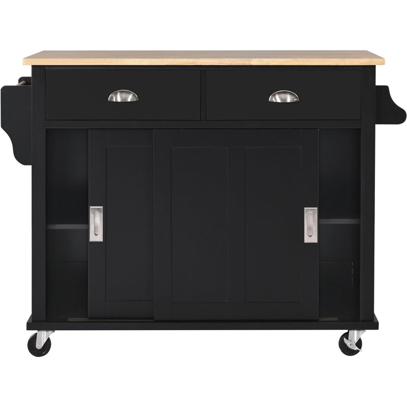 Kitchen Cart with Rubber wood Drop-Leaf Countertop, Concealed sliding barn door adjustable height,Kitchen Island on 4 Wheels with Storage Cabinet and 2 Drawers,L52.2xW30.5xH36.6 inch, Black - Supfirm