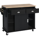 Kitchen Cart with Rubber wood Drop-Leaf Countertop, Concealed sliding barn door adjustable height,Kitchen Island on 4 Wheels with Storage Cabinet and 2 Drawers,L52.2xW30.5xH36.6 inch, Black - Supfirm