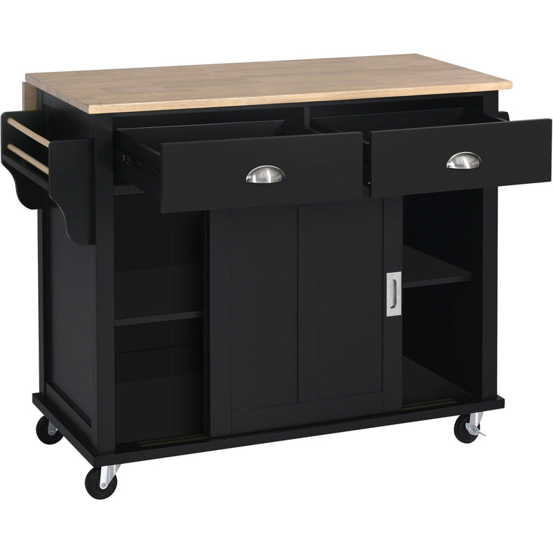 Kitchen Cart with Rubber wood Drop-Leaf Countertop, Concealed sliding barn door adjustable height,Kitchen Island on 4 Wheels with Storage Cabinet and 2 Drawers,L52.2xW30.5xH36.6 inch, Black - Supfirm