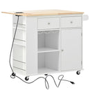 Kitchen Island with Power Outlet,Kitchen Storage Island with Drop Leaf and Rubber Wood,Open Storage and Wine Cubbies Rack,5 Wheels,with Adjustable Storage for Home, Kitchen, and Dining Room,White - Supfirm