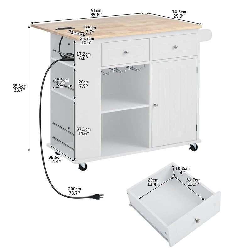 Kitchen Island with Power Outlet,Kitchen Storage Island with Drop Leaf and Rubber Wood,Open Storage and Wine Cubbies Rack,5 Wheels,with Adjustable Storage for Home, Kitchen, and Dining Room,White - Supfirm