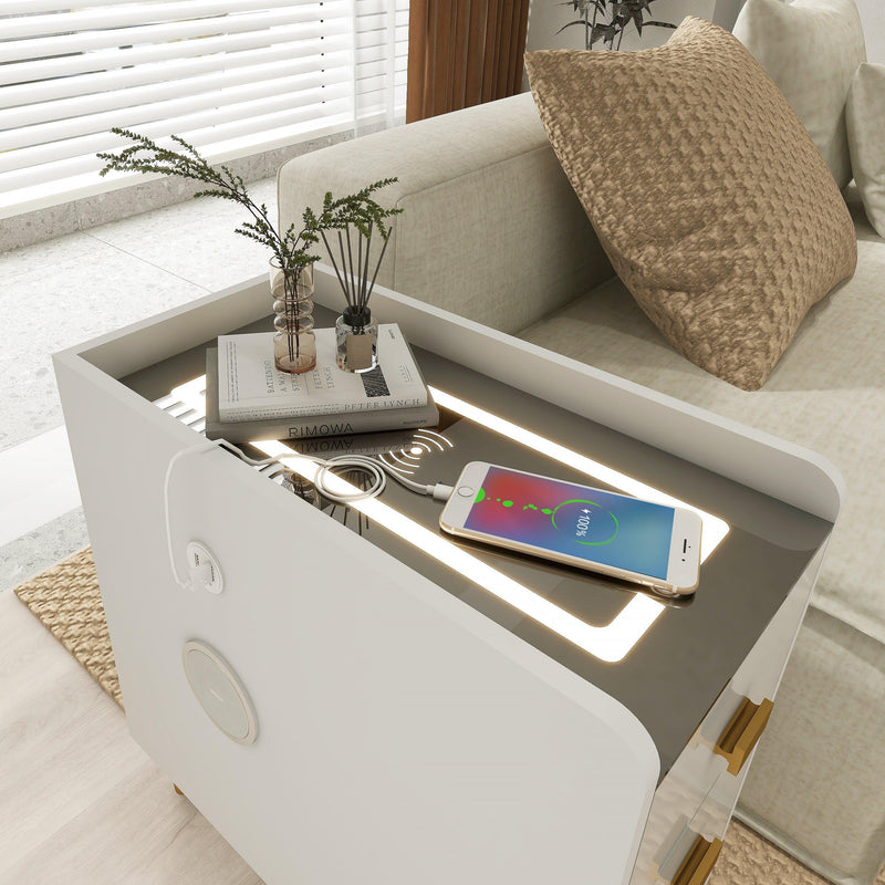 LED Nightstand with Wireless Charging Station, Small Side Table for Small Spaces, Narrow End Table with Storage, White Bedside Table with 3 Drawers, Modern End Table with Speaker and Bookrack - Supfirm