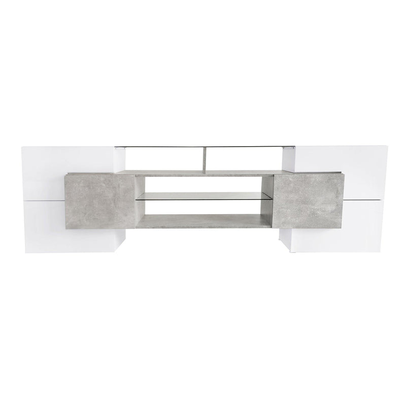 ON-TREND Unique Shape TV Stand with 2 Illuminated Glass Shelves, High Gloss Entertainment Center for TVs Up to 80", Versatile TV Cabinet with LED Color Changing Lights for Living Room, Grey - Supfirm