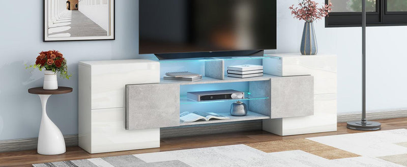 ON-TREND Unique Shape TV Stand with 2 Illuminated Glass Shelves, High Gloss Entertainment Center for TVs Up to 80", Versatile TV Cabinet with LED Color Changing Lights for Living Room, Grey - Supfirm