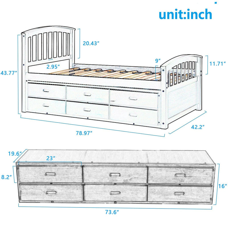 Orisfur. Twin Size Platform Storage Bed Solid Wood Bed with 6 Drawers - Supfirm