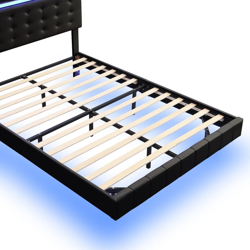 Queen Size Floating Bed Frame with LED Lights and USB Charging,Modern Upholstered Platform LED Bed Frame,Black - Supfirm