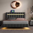 Queen Size Floating Bed Frame with LED Lights and USB Charging,Modern Upholstered Platform LED Bed Frame,Black - Supfirm