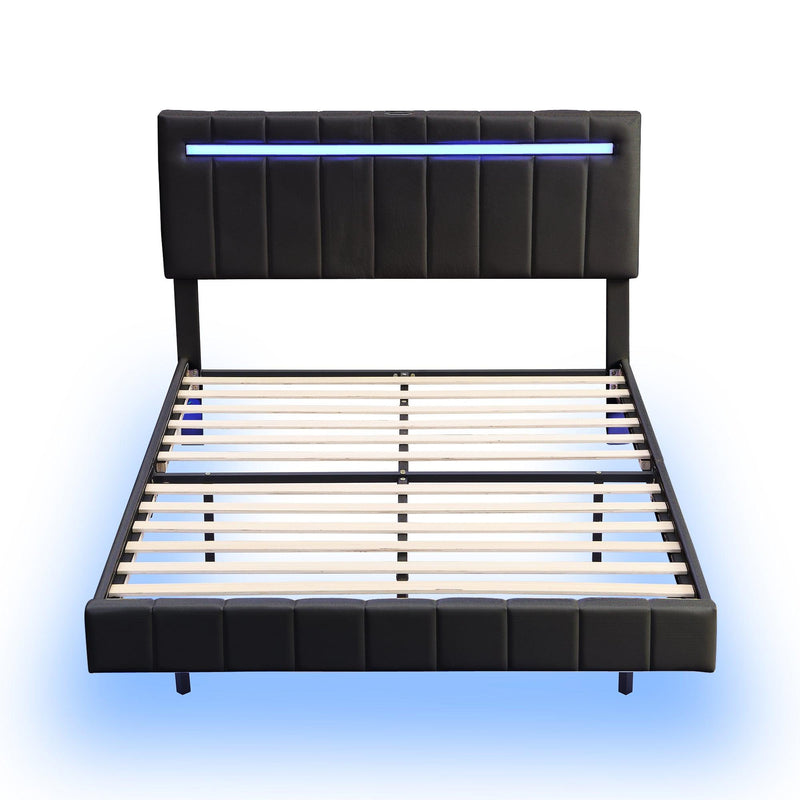 Queen Size Floating Bed Frame with LED Lights and USB Charging,Modern Upholstered Platform LED Bed Frame,Black - Supfirm