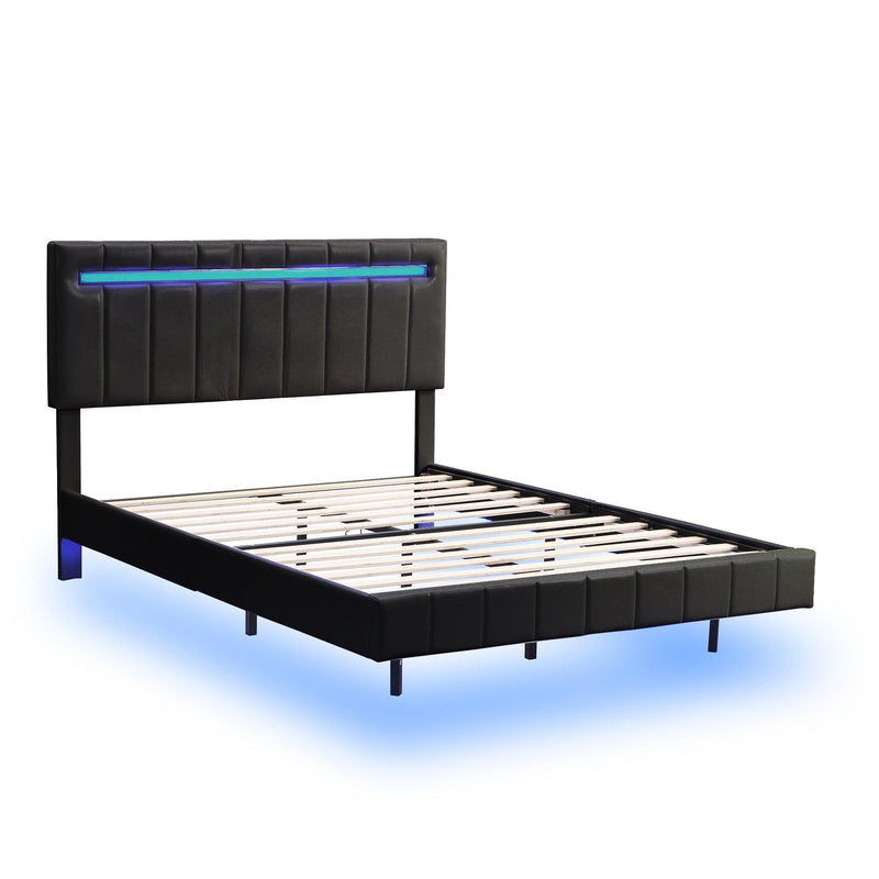 Queen Size Floating Bed Frame with LED Lights and USB Charging,Modern Upholstered Platform LED Bed Frame,Black - Supfirm