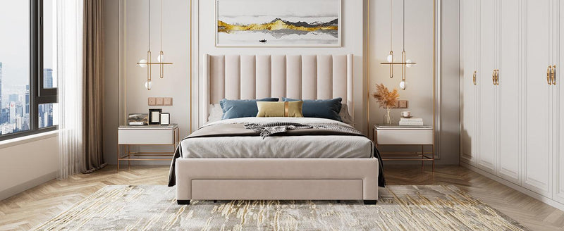 Queen Size Storage Bed Velvet Upholstered Platform Bed with a Big Drawer - Beige - Supfirm