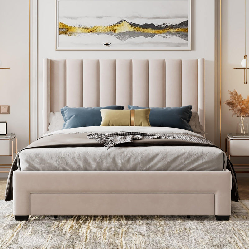 Queen Size Storage Bed Velvet Upholstered Platform Bed with a Big Drawer - Beige - Supfirm