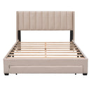 Queen Size Storage Bed Velvet Upholstered Platform Bed with a Big Drawer - Beige - Supfirm