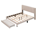 Queen Size Storage Bed Velvet Upholstered Platform Bed with a Big Drawer - Beige - Supfirm