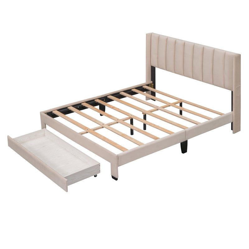 Queen Size Storage Bed Velvet Upholstered Platform Bed with a Big Drawer - Beige - Supfirm