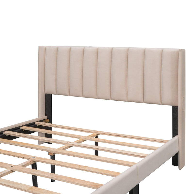 Queen Size Storage Bed Velvet Upholstered Platform Bed with a Big Drawer - Beige - Supfirm