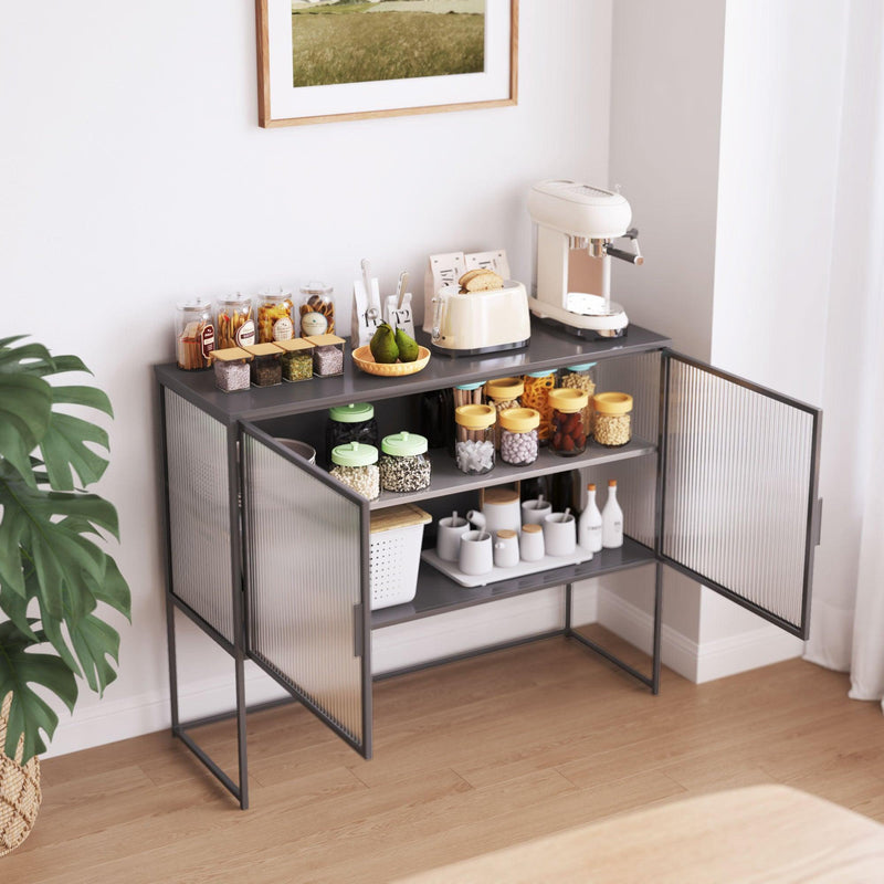 Retro Style Fluted Glass Sideboard Storage Cabinet Simple Modern Console Table Detachable Wide Shelves Enclosed Dust-Free Storage Bottom Space for Living Room Bathroom Dining Room,Gray - Supfirm