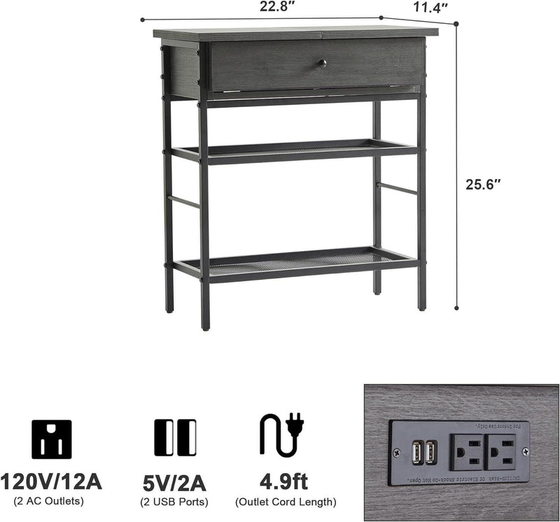 Sofa Side Cabinet, End Table with Charging Station, Flip Top Side Table with USB Ports and Outlets, Bedside Nightstand with Storage Shelves, for Living Room Bedroom and Small Spaces (Black) - Supfirm