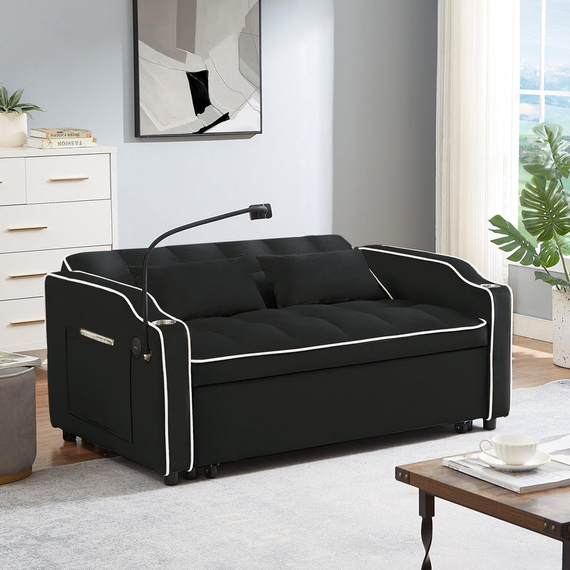 1 versatile foldable sofa bed in 3 lengths, modern sofa sofa sofa velvet pull-out bed, adjustable back and with USB port and ashtray and swivel phone stand (black) - Supfirm