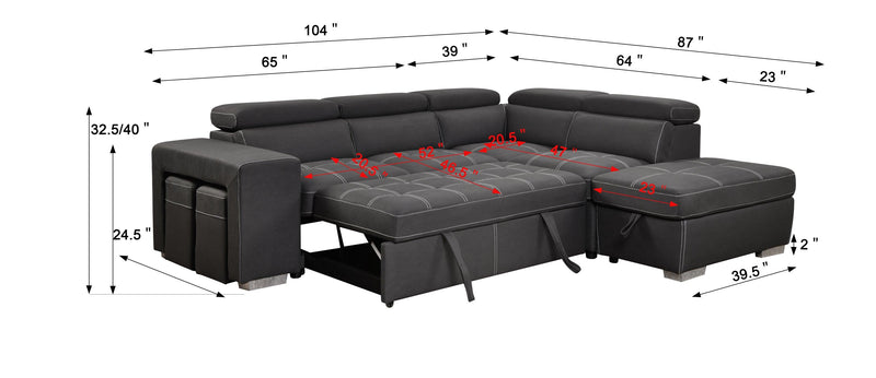 105" Sectional Sofa with Adjustable Headrest ,Sleeper Sectional Pull Out Couch Bed with Storage Ottoman and 2 Stools,Charcoal Grey - Supfirm