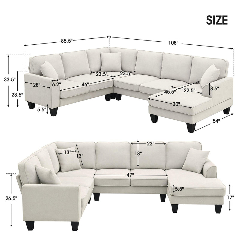 108*85.5" Modern U Shape Sectional Sofa, 7 Seat Fabric Sectional Sofa Set with 3 Pillows Included for Living Room, Apartment, Office,3 Colors - Supfirm