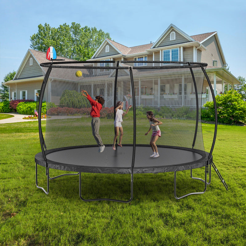 12FT Trampoline with backboard , Outdoor Pumpkin Trampoline for Kids and Adults with Enclosure Net and Ladder - Supfirm