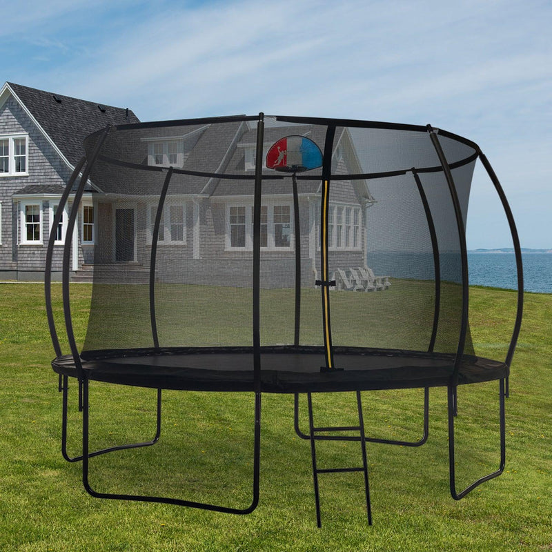 12FT Trampoline with backboard , Outdoor Pumpkin Trampoline for Kids and Adults with Enclosure Net and Ladder - Supfirm