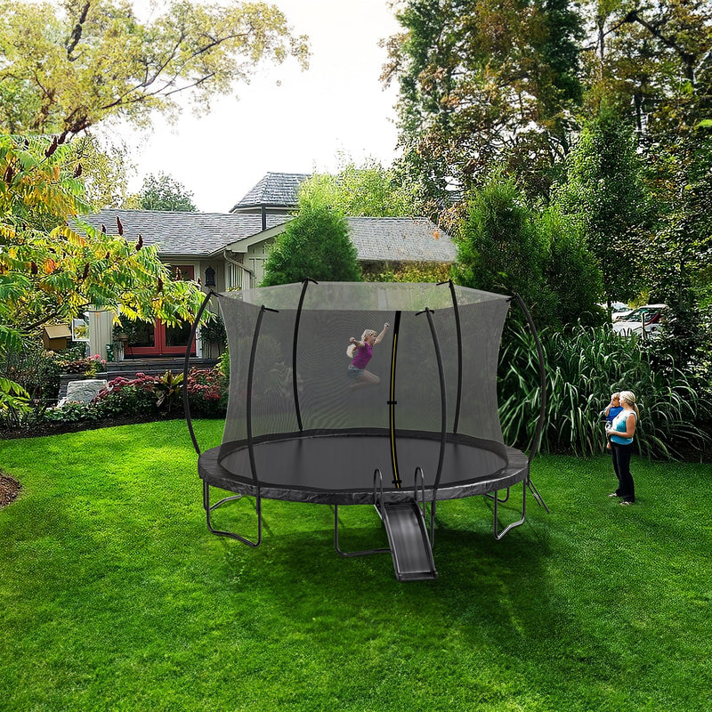 12FT Trampoline with Slide , Outdoor Pumpkin Trampoline for Kids and Adults with Enclosure Net and Ladder - Supfirm