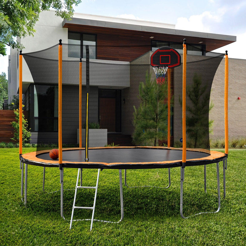 15FT Trampoline with Basketball Hoop Inflator and Ladder(Inner Safety Enclosure) Orange - Supfirm