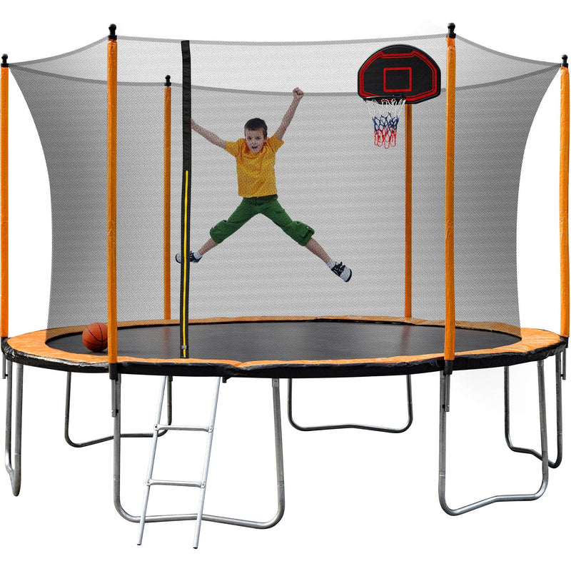 15FT Trampoline with Basketball Hoop Inflator and Ladder(Inner Safety Enclosure) Orange - Supfirm