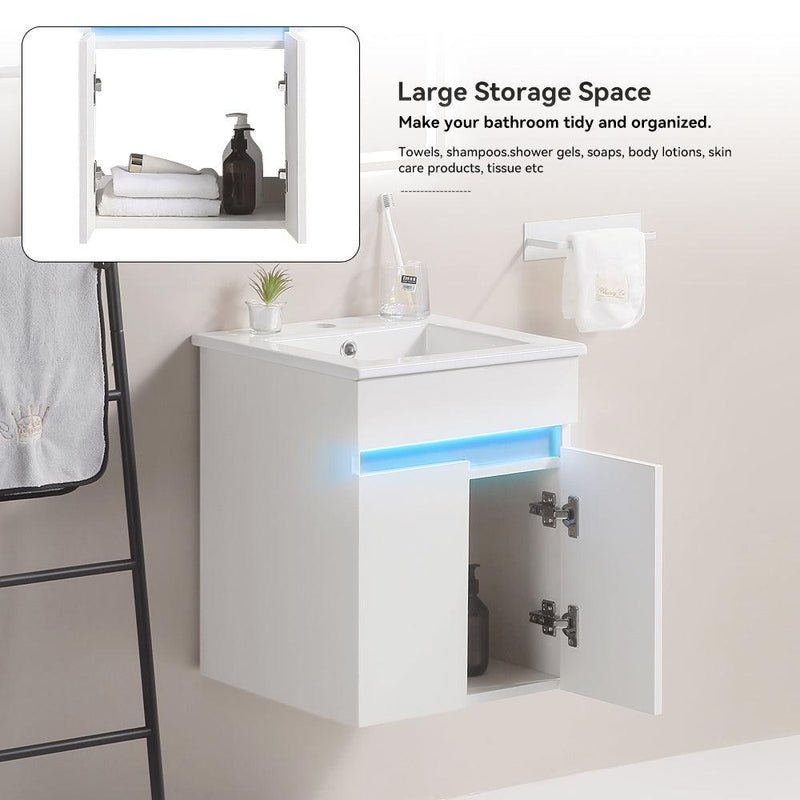 Supfirm 16" Bathroom Vanity with Sink,radar sensing light,Large Space Storage for Small Space,Wall Mounted Bathroom Vanity Cabinet,White - Supfirm