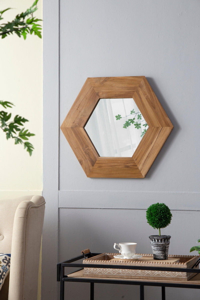 18.5" x 18.5" Hexagon Mirror with Natural Wood Frame, Wall Decor for Living Room Bathroom Hallway, - Supfirm