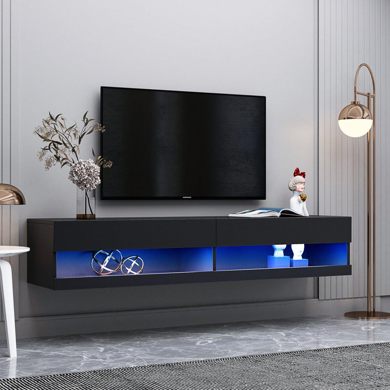 180 Wall Mounted Floating 80" TV Stand with 20 Color LEDs Black - Supfirm