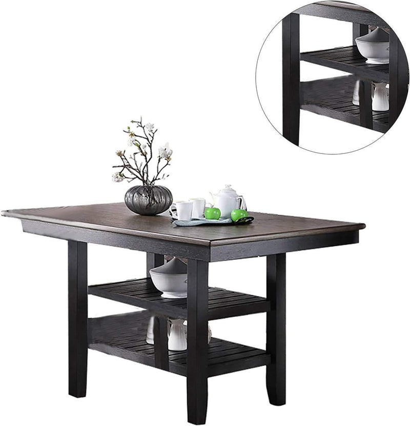 1pc Cunter Height Dining Table Dark Coffee Finish Kitchen Breakfast Dining Room Furniture Table w 2x Storage Shelve Rubber wood - Supfirm