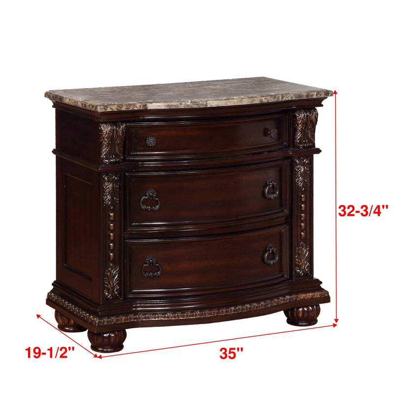 1Pc Traditional Style End Table 3-Drawer Nightstand with Marble Top Rich Brown Cherry Finish Solid Wood Wooden Bedroom - Supfirm