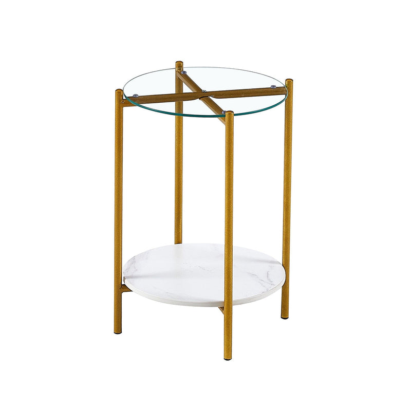 2-layer End Table with Tempered Glass and Marble Tabletop, Round Coffee Table with Golden Metal Frame for Bedroom Living Room Office (1 piece) - Supfirm