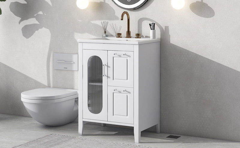 Supfirm 24" Bathroom Vanity with Sink, Bathroom Vanity Cabinet with Two Drawers and Door, Adjustable Shelf, Solid Wood and MDF, White - Supfirm