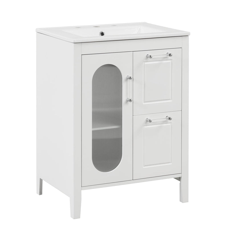 Supfirm 24" Bathroom Vanity with Sink, Bathroom Vanity Cabinet with Two Drawers and Door, Adjustable Shelf, Solid Wood and MDF, White - Supfirm