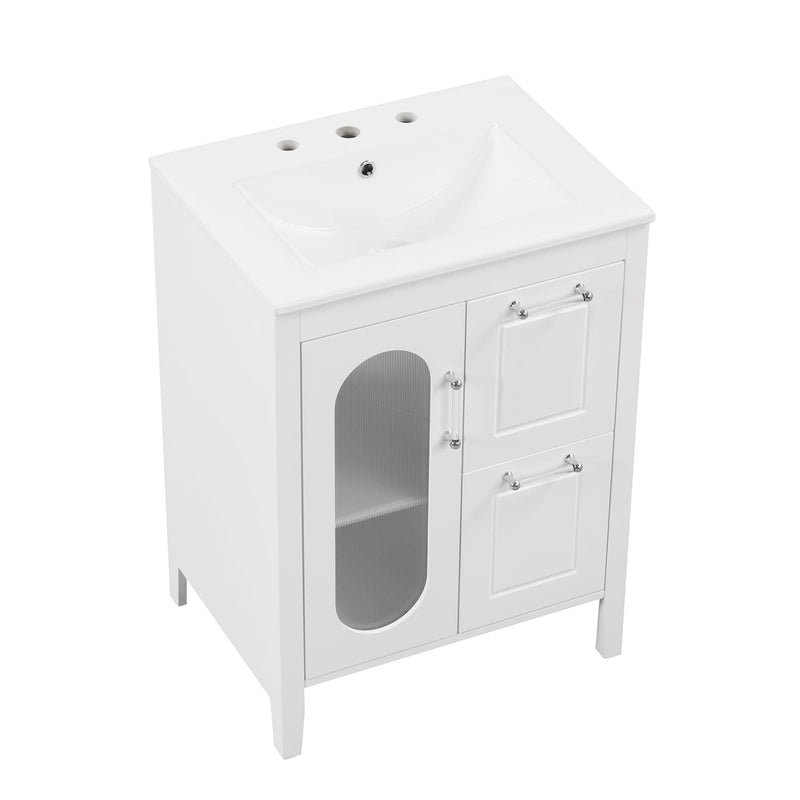 Supfirm 24" Bathroom Vanity with Sink, Bathroom Vanity Cabinet with Two Drawers and Door, Adjustable Shelf, Solid Wood and MDF, White - Supfirm