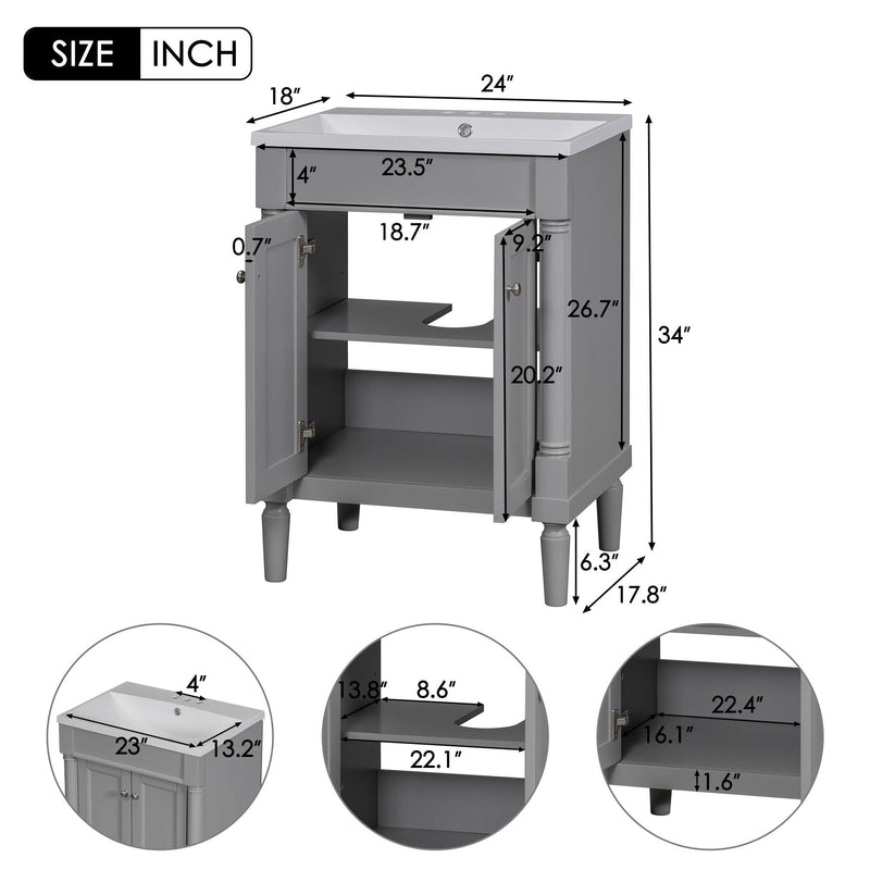 Supfirm 24'' Bathroom Vanity with Top Sink, 2-Tier Modern Bathroom Storage Cabinet, Single Sink Bathroom Vanity, Large Storage Shelves - Supfirm