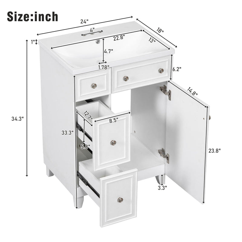 Supfirm 24-Inch Bathroom Vanity Cabinet with Resin Integrated Sink, 2 Drawers, 1 Door – Easy to Clean, Ample Storage Space - Supfirm