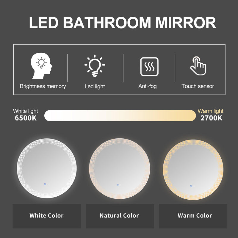 Supfirm 24 Inch Switch-Held Memory LED Mirror, Wall-Mounted Vanity Mirrors, Bathroom Anti-Fog Mirror, Dimmable Bathroom Mirror - Supfirm