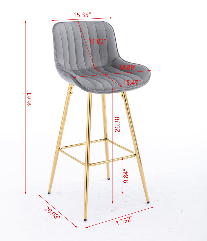 26 Inch Set of 2 Bar Stools,with Chrome Footrest Velvet Fabric Counter Stool Golden Leg Simple Bar Stool, Kitchen Island Seats, GRAY - Supfirm