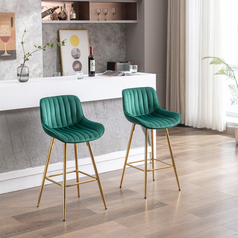 26 Inch Set of 2 Bar Stools,with Chrome Footrest Velvet Fabric Counter Stool Golden Leg Simple Bar Stool, Kitchen Island Seats, GREEN - Supfirm