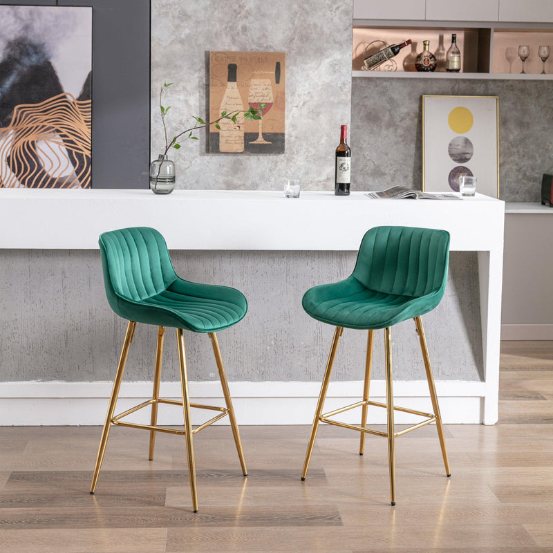 26 Inch Set of 2 Bar Stools,with Chrome Footrest Velvet Fabric Counter Stool Golden Leg Simple Bar Stool, Kitchen Island Seats, GREEN - Supfirm