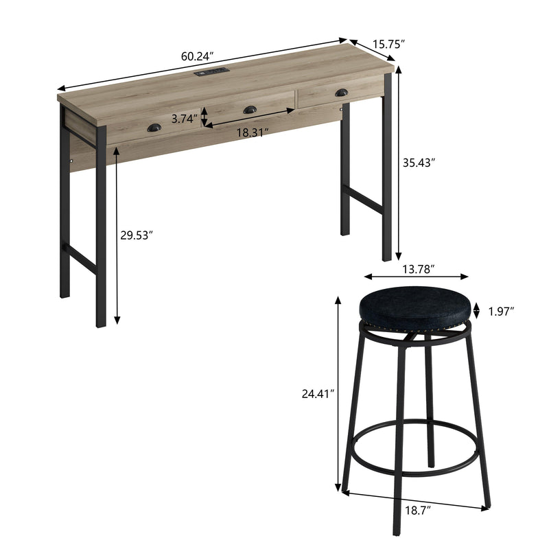 3-Drawer Long Dining Table Set with Power Outlets, Bar Kitchen Table Set with Circular PU Stools, Easy Assemble, Brown Gray Table+Black Stool - Supfirm