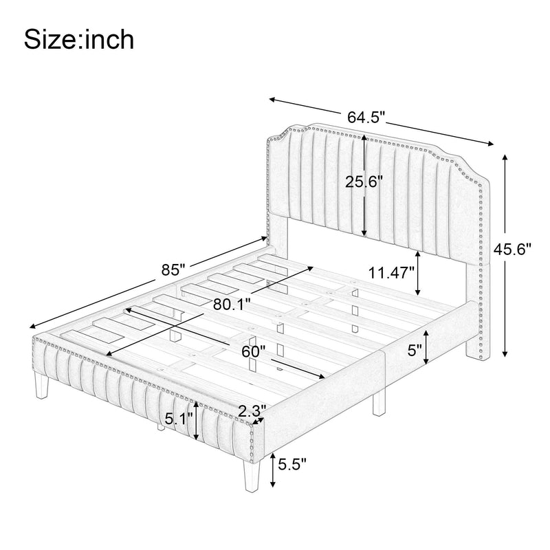 3 Pieces Bedroom Set Modern Linen Curved Upholstered Beige Platform Queen Bed with Two Black Cherry Nightstands, Common - Supfirm