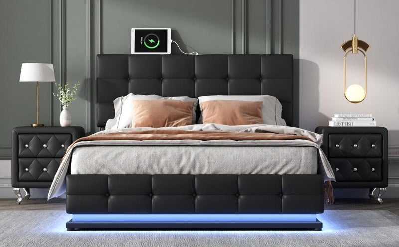 3-Pieces Bedroom Sets,Queen Size Upholstered Bed with LED Lights,Hydraulic Storage System and USB Charging Station, Two Nightstands with Crystal Decoration,Black - Supfirm