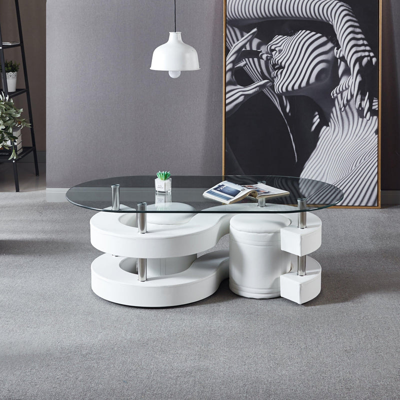 3 Pieces Coffee Table Set, Oval 10mm/0.39" Thick Tempered Glass Table and 2 Leather Stools - Supfirm